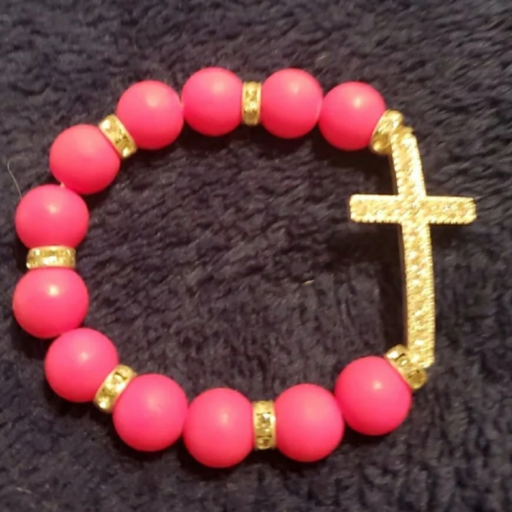 Pink Beaded Cross Rhinestone Bracelet